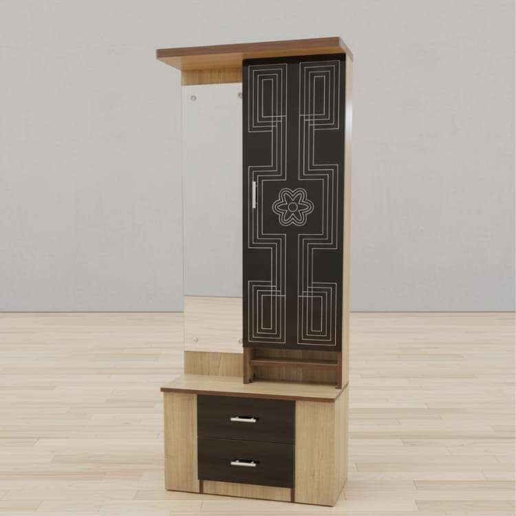 Light Wood and Black Dual Tone Dressing Table with Mirror and Storage